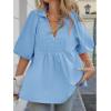 imageCicy Bell Womens Summer Puff Sleeve Blouses Smocked V Neck Babydoll Peplum Casual Tunic Tops Loose Fit Pleated ShirtsBlue