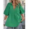imageCicy Bell Womens Summer Puff Sleeve Blouses Smocked V Neck Babydoll Peplum Casual Tunic Tops Loose Fit Pleated ShirtsGreen