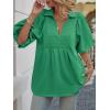 imageCicy Bell Womens Summer Puff Sleeve Blouses Smocked V Neck Babydoll Peplum Casual Tunic Tops Loose Fit Pleated ShirtsGreen