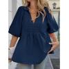 imageCicy Bell Womens Summer Puff Sleeve Blouses Smocked V Neck Babydoll Peplum Casual Tunic Tops Loose Fit Pleated ShirtsNavy