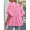 imageCicy Bell Womens Summer Puff Sleeve Blouses Smocked V Neck Babydoll Peplum Casual Tunic Tops Loose Fit Pleated ShirtsPink
