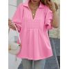 imageCicy Bell Womens Summer Puff Sleeve Blouses Smocked V Neck Babydoll Peplum Casual Tunic Tops Loose Fit Pleated ShirtsPink