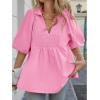 imageCicy Bell Womens Summer Puff Sleeve Blouses Smocked V Neck Babydoll Peplum Casual Tunic Tops Loose Fit Pleated ShirtsPink
