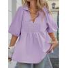 imageCicy Bell Womens Summer Puff Sleeve Blouses Smocked V Neck Babydoll Peplum Casual Tunic Tops Loose Fit Pleated ShirtsPurple