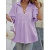 imageCicy Bell Womens Summer Puff Sleeve Blouses Smocked V Neck Babydoll Peplum Casual Tunic Tops Loose Fit Pleated ShirtsPurple