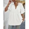 imageCicy Bell Womens Summer Puff Sleeve Blouses Smocked V Neck Babydoll Peplum Casual Tunic Tops Loose Fit Pleated ShirtsWhite