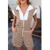imageCicy Bell Womens Summer Striped Rompers Zip Up Cap Sleeve Short Jumpsuits Color Block Casual One Piece Outfits with PocketsBrown