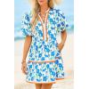 imageCicy Bell Womens V Neck Floral Mini Dress Short Puff Sleeve Patchwork Summer Casual Boho DressesBlue