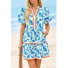 imageCicy Bell Womens V Neck Floral Mini Dress Short Puff Sleeve Patchwork Summer Casual Boho DressesBlue