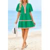 imageCicy Bell Womens V Neck Floral Mini Dress Short Puff Sleeve Patchwork Summer Casual Boho DressesCute Green