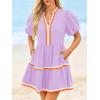 imageCicy Bell Womens V Neck Floral Mini Dress Short Puff Sleeve Patchwork Summer Casual Boho DressesCute Purple