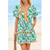 imageCicy Bell Womens V Neck Floral Mini Dress Short Puff Sleeve Patchwork Summer Casual Boho DressesGreen