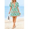 imageCicy Bell Womens V Neck Floral Mini Dress Short Puff Sleeve Patchwork Summer Casual Boho DressesGreen