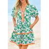 imageCicy Bell Womens V Neck Floral Mini Dress Short Puff Sleeve Patchwork Summer Casual Boho DressesGreen