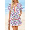 imageCicy Bell Womens V Neck Floral Mini Dress Short Puff Sleeve Patchwork Summer Casual Boho DressesPurple