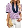 imageCicy Bell Womens Floral Short Puff Sleeve Tops V Neck Patchwork Boho Summer Blouses Dressy Casual ShirtsPurple
