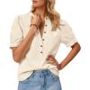 imageCicy Bell Womens Puff Short Sleeve Blouses Summer Casual Half Button Down Collared Shirts Cotton Loose Fit Work TopsBeige
