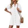 imageCicy Bell Womens Puff Sleeve Peter Pan Collar Mini Shirt Dress Button Down Summer Casual Textured Short Dresses with PocketsWhite
