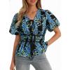 imageCicy Bell Womens Puff Sleeve Tie Front Tops Summer Babydoll Peplum V Neck Blouse Casual Dressy Pleated Floral Print ShirtsBlack
