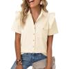 imageCicy Bell Womens Ruffle Button Down Shirts Dressy Casual Short Puff Sleeve Cotton Tops Summer Loose Fit V Neck BlousesBeige