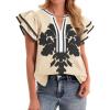 imageCicy Bell Womens Ruffle Color Block Blouses Summer Casual V Neck Floral Print Tank Tops Pleated Loose Fit ShirtsBeige