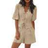 imageCicy Bell Womens Summer 2 Piece Short Sets Puff Short Sleeve V Neck Bow Tie Front Tops Wide Leg Shorts Pajamas Matching SetsApricot
