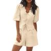 imageCicy Bell Womens Summer 2 Piece Short Sets Puff Short Sleeve V Neck Bow Tie Front Tops Wide Leg Shorts Pajamas Matching SetsBeige