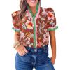 imageCicy Bell Womens Summer Floral Print Tops Casual Puff Short Sleeve Ruffle V Neck Button Down Shirts Patchwork Boho BlousesBrown