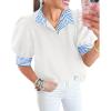 imageCicy Bell Womens Summer Puff Sleeve Blouses Casual Dressy Ruffle V Neck Tops Color Block Striped Loose Fit Button Polo ShirtsWhite