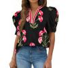 imageCicy Bell Womens Summer Puff Sleeve Blouses Casual Dressy V Neck Color Block Tops Loose Fit Boho Floral Printed Tee ShirtsBlack