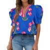 imageCicy Bell Womens Summer Puff Sleeve Blouses Casual Dressy V Neck Color Block Tops Loose Fit Boho Floral Printed Tee ShirtsBlue