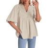 imageCicy Bell Womens Summer Puff Sleeve Blouses Smocked V Neck Babydoll Peplum Casual Tunic Tops Loose Fit Pleated ShirtsBeige