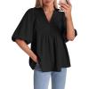 imageCicy Bell Womens Summer Puff Sleeve Blouses Smocked V Neck Babydoll Peplum Casual Tunic Tops Loose Fit Pleated ShirtsBlack