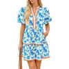 imageCicy Bell Womens V Neck Floral Mini Dress Short Puff Sleeve Patchwork Summer Casual Boho DressesBlue