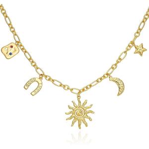 imageCicy Bell 18K Gold Plated Necklace for Women Chunky Charm Necklace Diamond Love Heart Sun Charms Valentines Day Wedding Lucky Pendants Jewelry Gift 197Style Sun Moon