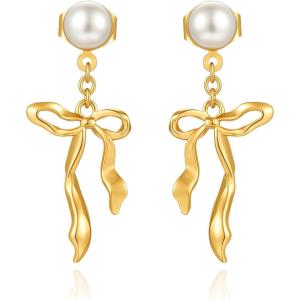 imageCicy Bell Earrings for Women 18k Gold Plated Cute Bow Long Tassel Pearl Drop Dangle Earrings Trendy Ribbon Waterfall Teacher Hypoallergenic Hoop Earring Elegant Bowknot Preppy Jewelry GiftsGold