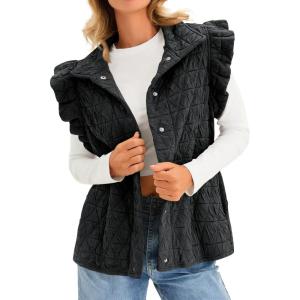 imageCicy Bell Women Ruffles Puffer Vest Sleeveless Button Down Padded Jacket Gilet Trendy Spring OuterwearBlack