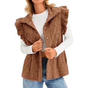 imageCicy Bell Women Ruffles Puffer Vest Sleeveless Button Down Padded Jacket Gilet Trendy Spring OuterwearBrown
