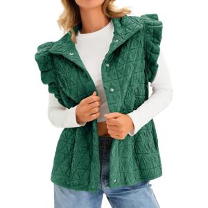 imageCicy Bell Women Ruffles Puffer Vest Sleeveless Button Down Padded Jacket Gilet Trendy Spring OuterwearDark Green