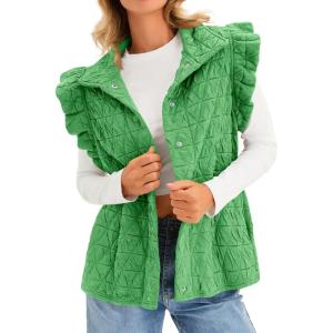 imageCicy Bell Women Ruffles Puffer Vest Sleeveless Button Down Padded Jacket Gilet Trendy Spring OuterwearGreen