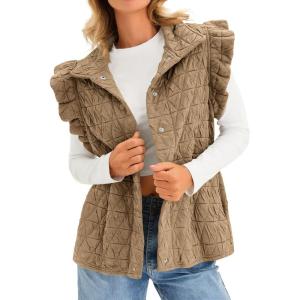 imageCicy Bell Women Ruffles Puffer Vest Sleeveless Button Down Padded Jacket Gilet Trendy Spring OuterwearKhaki
