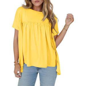imageCicy Bell Women Summer T Shirts Babydoll Tops Pleated Short Sleeve Crew Neck Peplum Blouse Casual Loose Fit Yellow