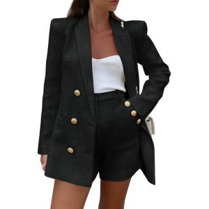 imageCicy Bell Womens 2 Piece Tweed Blazer Shorts Sets Long Sleeve Double Breasted Suit Jackets Business Outfit Black XLarge