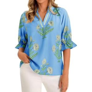 imageCicy Bell Womens Boho Floral Blouses Puff Ruffle Sleeve V Neck Summer Shirts Dressy Casual Flowy Blouse TopsBlue
