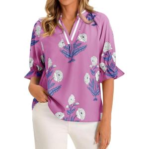 imageCicy Bell Womens Boho Floral Blouses Puff Ruffle Sleeve V Neck Summer Shirts Dressy Casual Flowy Blouse TopsPink