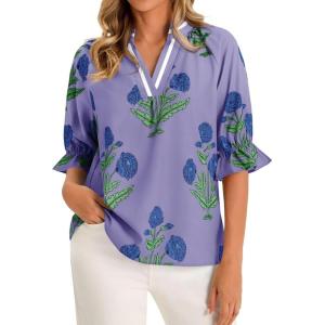 imageCicy Bell Womens Boho Floral Blouses Puff Ruffle Sleeve V Neck Summer Shirts Dressy Casual Flowy Blouse TopsPurple