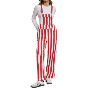 imageCicy Bell Womens Casual Striped Bib Overalls Adjustable Straps Straight Leg Jumpsuits Denim Jean Long Rompers PantsRed