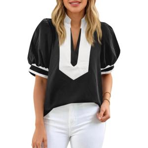 imageCicy Bell Womens Color Block Puff Sleeve Blouses Summer Casual Dressy V Neck Tops Loose Fit Tee ShirtsBlack