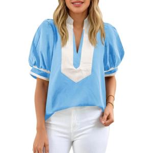 imageCicy Bell Womens Color Block Puff Sleeve Blouses Summer Casual Dressy V Neck Tops Loose Fit Tee ShirtsBlue