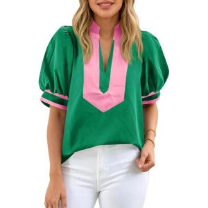 imageCicy Bell Womens Color Block Puff Sleeve Blouses Summer Casual Dressy V Neck Tops Loose Fit Tee ShirtsGreen